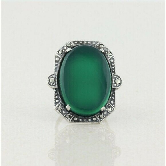 Unbranded Jewelry - Sterling Silver Green Onyx and Marcasite Ring Art Deco Ring Size 5